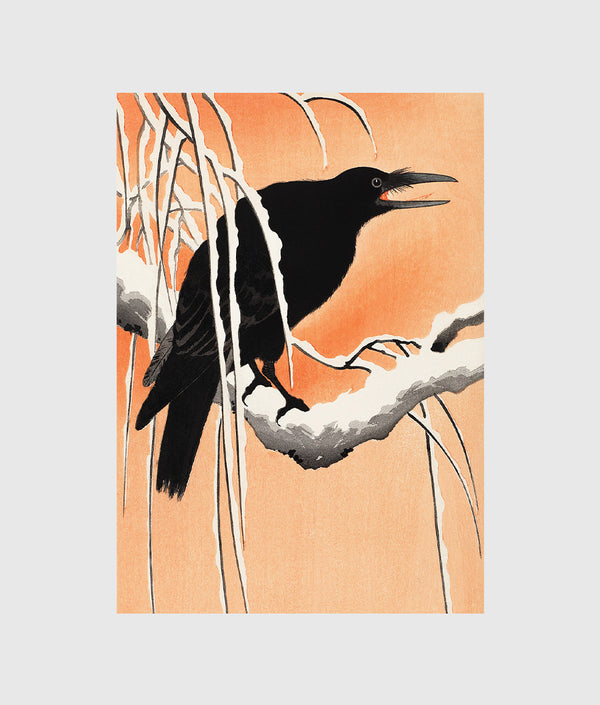 japanese art crow on snoowy branch