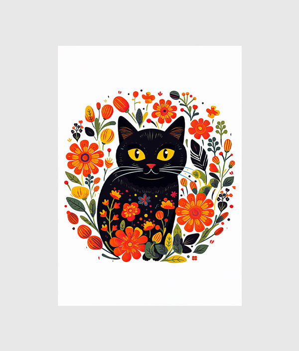 Black cat surrounded by flowers